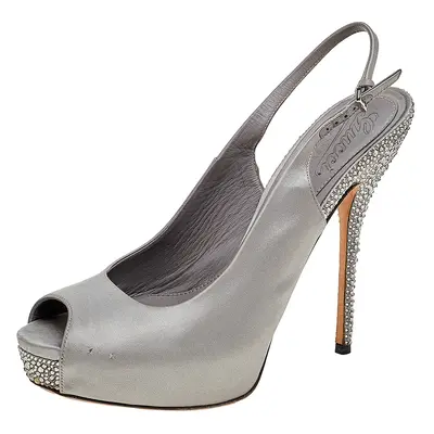 Gucci Grey Satin Peep Toe Platform Crystal Embellished Slingback Sandals Size