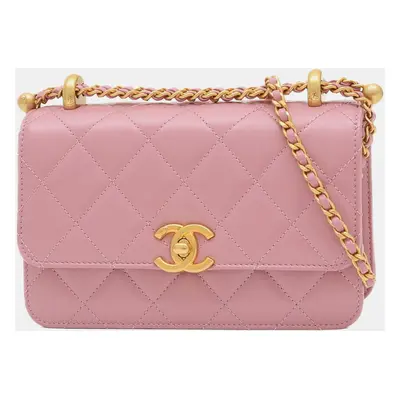 Chanel Pink Lambskin Quilted Pick Me Up Wallet on Chain