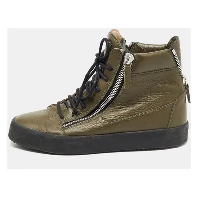 Giuseppe Zanotti Olive Green Leather Double Zip Sneakers Size 41.5