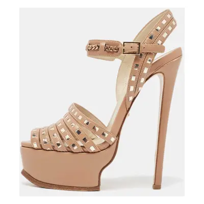 Roberto Cavalli Beige Leather Peep Toe Ankle Strap Sandals Size