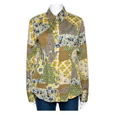 Etro Yellow Stretch Cotton Multi Print Button Front Shirt