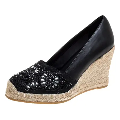 Le Silla Black Leather And Suede Embellished Wedge Espadrille Pumps Size