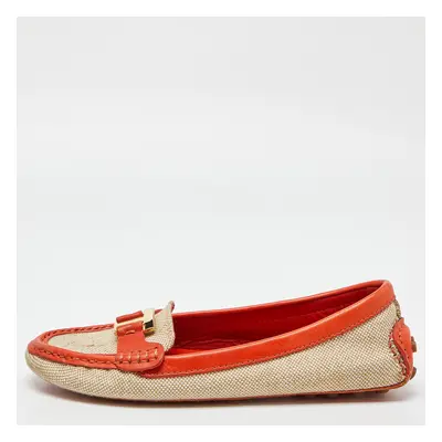 Tory Burch Beige/Orange Canvas and Leather Casey Loafers Size 37.5