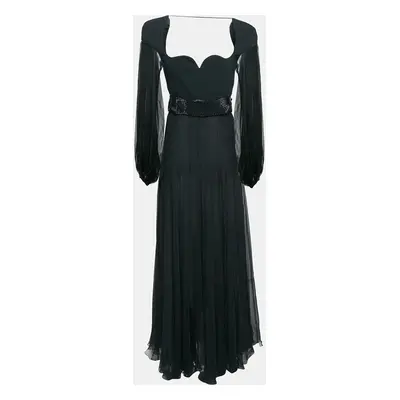 Versace Black Crepe and Silk Rhinestone Belted Maxi Dress