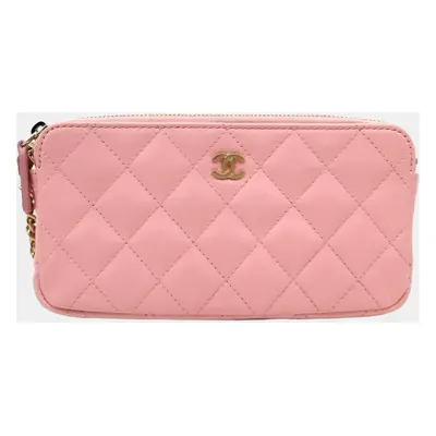 Chanel Pink Leather CC Quilted Double Zip Wallet On Chain