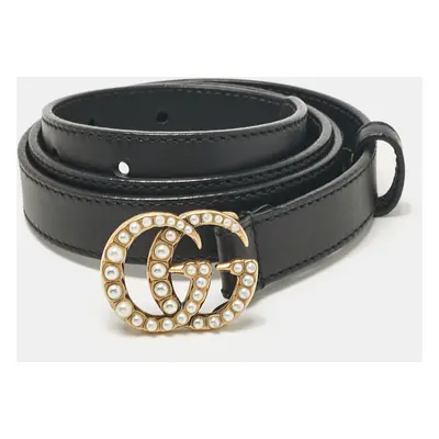 Gucci Black Leather GG Marmont Pearl Embellished Buckle Slim Belt