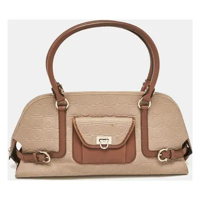 Salvatore Ferragamo Beige/Brown Gancini Embossed Leather Zip Satchel