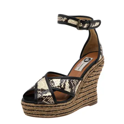 Lanvin Beige/Brown Python Embossed Leather Platform Wedge Sandals Size