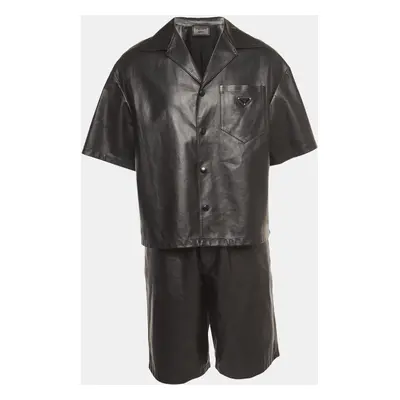 Prada Black Nappa Leather Metal Logo Embellished Shorts and Shirt Set