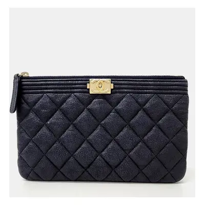 Chanel Navy Blue Caviar Leather Boy Clutch Bag