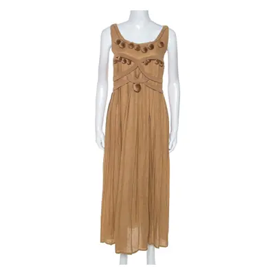 Bottega Veneta Camel Beige Linen Pom Pom Detail Pleated Dress