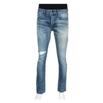 Saint Laurent Paris Indigo Washed Denim Distressed Slim Fit Jeans