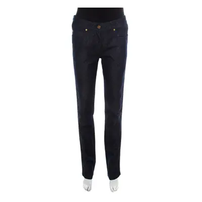 Escada Navy Blue Glitter Denim Metallic Piping Detail Straight Leg Jeans