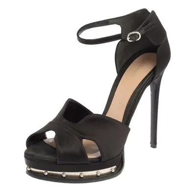 Alexander McQueen Black Satin Studded Platform Ankle-Strap Sandals Size