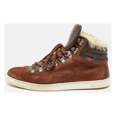 Gucci Brown Suede and Fur Trim High Top Sneakers Size