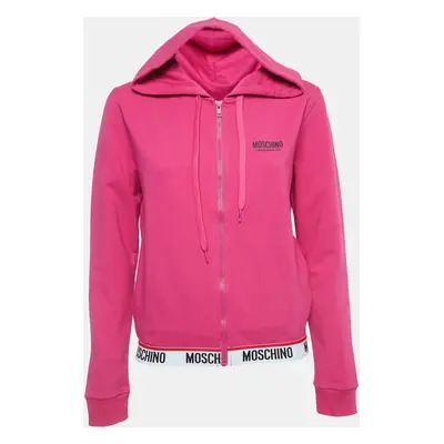 Moschino Pink Logo Print Cotton Zip Front Hooded Jacket