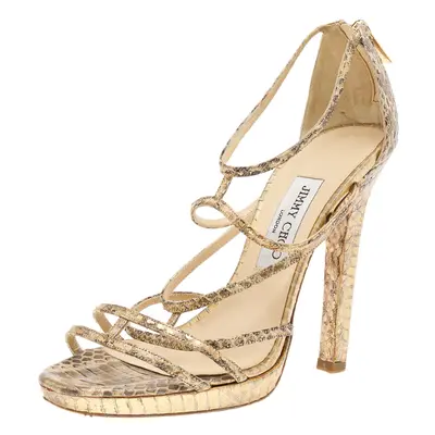 Jimmy Choo Metallic Gold/Beige Leather Strappy Sandals Size