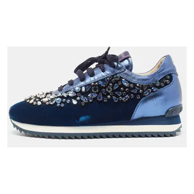 Le Silla Navy Blue Velvet and Leather Crystal Embellished Low Top Sneakers Size 38.5