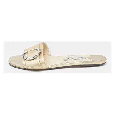 Jimmy Choo Gold Leather Crystal Embellished Buckle Flat Slides Size