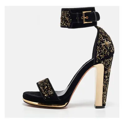 Alexander McQueen Black Velvet Embellished Ankle Strap Sandals Size