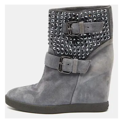 Le Silla Grey Suede Crystal Embellished Wedge Ankle Boots Size