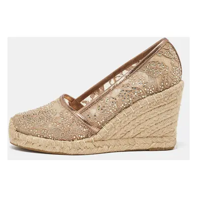 Le Silla Metallic Beige/Gold Lace and Leather Espadrille Wedge Pumps Size