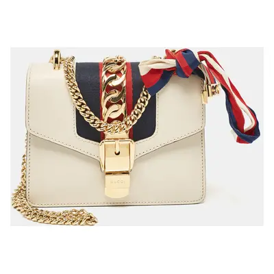 Gucci Off White Leather Mini Web Chain Sylvie Crossbody Bag