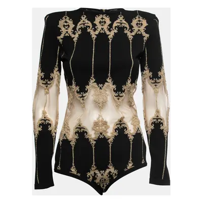 Balmain Black Stretch-Knit Metallic Tulle Paneled Bodysuit