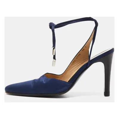 Gucci Navy Blue Satin Ankle Tie Pumps Size