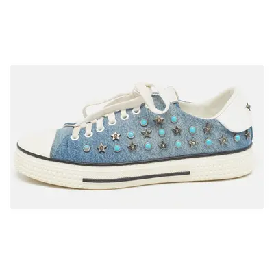 Valentino Blue/White Denim and Leather Star Studded Sneakers Size