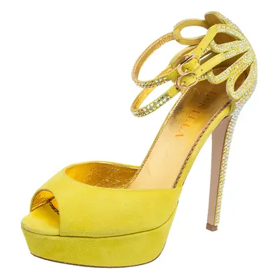 Le Silla Lime Yellow Embellished Suede Strappy Platform Ankle Strap Sandals Size