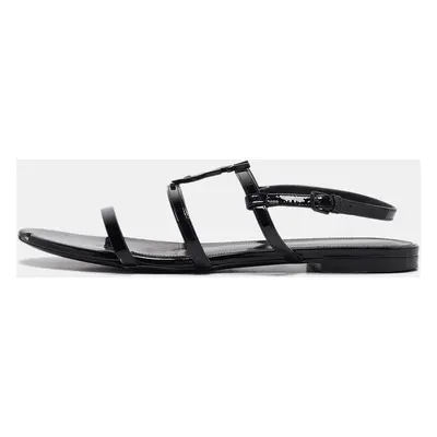 Saint Laurent Black Patent Leather Cassandra Flat Sandals Size