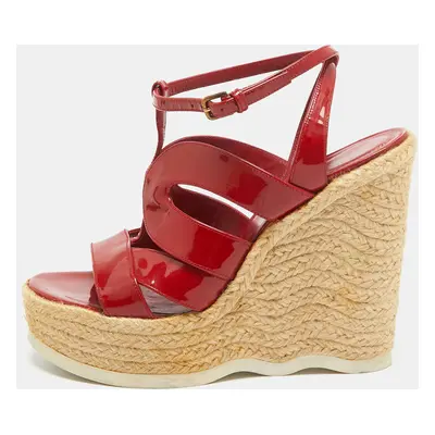 Yves Saint Laurent Red Patent Wedge Ankle Sandals Size 39.5