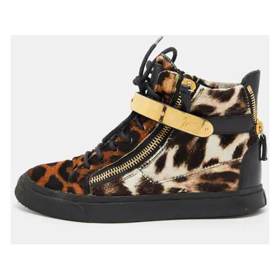 Giuseppe Zanotti Brown/Black Leopard Print Calfhair Lace Up High Top Sneakers