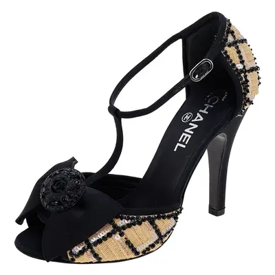 Chanel Beige/Black Mesh And Fabric Ankle Strap Sandals Size