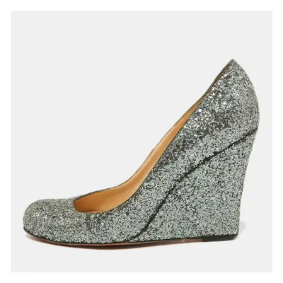 Christian Louboutin Metallic Grey Coarse Glitter Miss Boxe Wedge Pumps Size