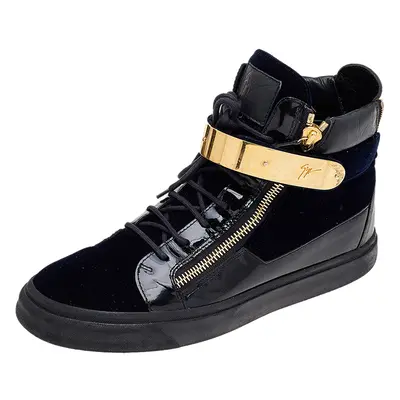 Giuseppe Zanotti Navy Blue/Black Velvet and Leather Coby High Top Sneakers Size