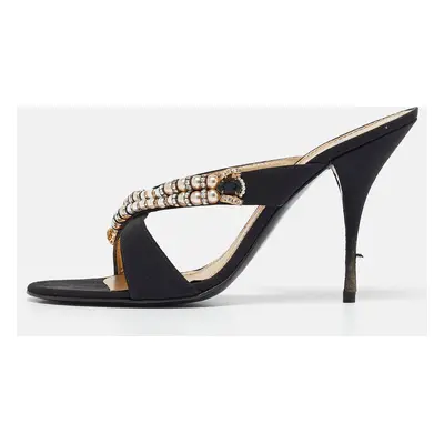 Casadei Black Canvas Crystal Embellished Slide Sandals Size