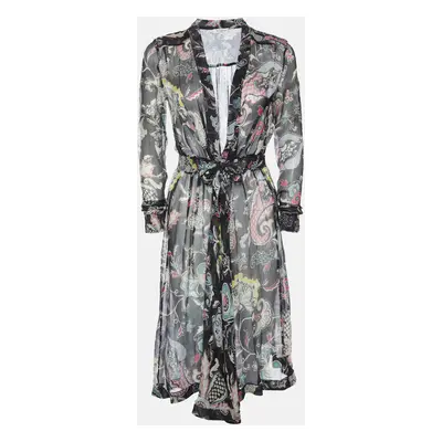 Etro Black Printed Silk V Neck Midi Dress