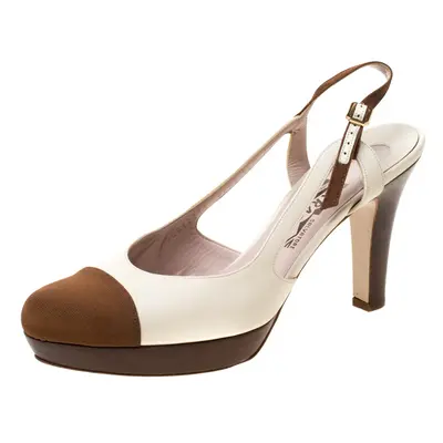 Salvatore Ferragamo White Leather And Brown Canvas Slingback Platform Sandals Size 39.5