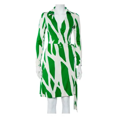 Diane Von Furstenberg Beige & Green Printed Silk Knit Collared Mini Wrap Dress