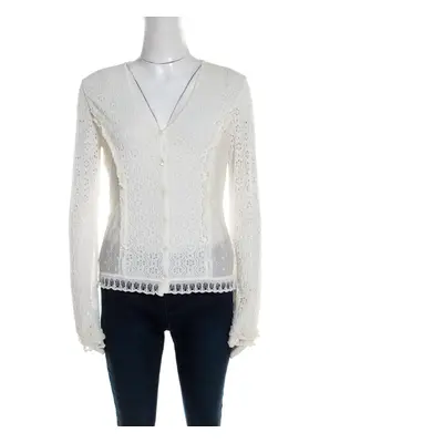 Escada Off White Multi Lace Paneled Long Sleeve Cardigan