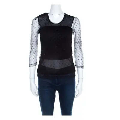 Saint Laurent Paris Black Bead Embellished Mesh Long Sleeve Top