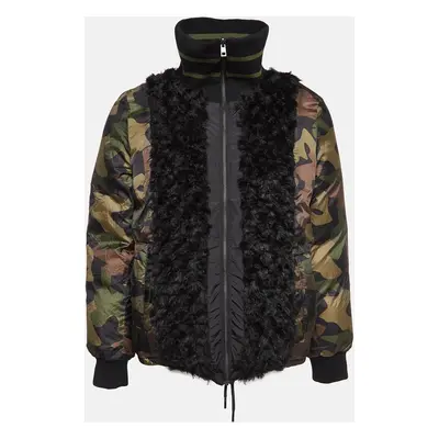 Zadig & Voltaire Black/Green Printed Fur Trim Nylon Reversible Puffer Jacket