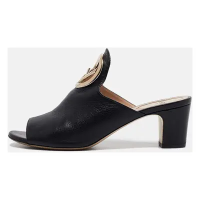 Fendi Black Leather F Logo Open Toe Mules Size