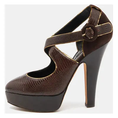 Dolce & Gabbana Brown Embossed Lizard and Suede Cross Ankle Strap Platform Pumps Size