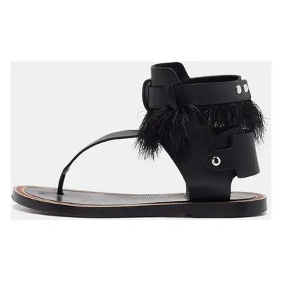 Isabel Marant Black Leather And Feather Trim T-Strap Sandals Size