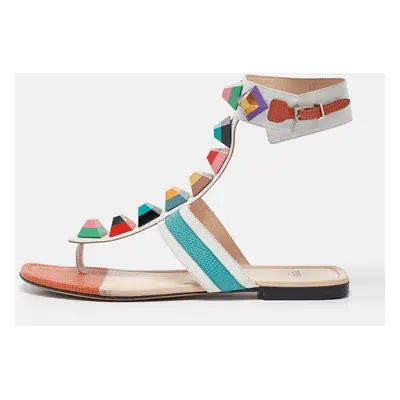 Fendi Multicolor Leather Studded Thong Flat Sandals Size