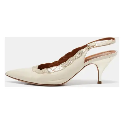 Tory Burch Cream Leather and Embossed Snakeskin Slingback Pumps Size