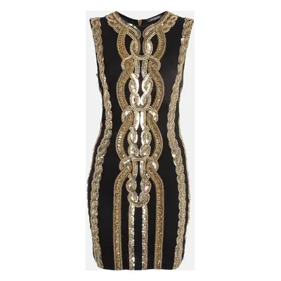 Balmain Black/ Gold Sequin and Crystal Embellished Mesh Mini Dress